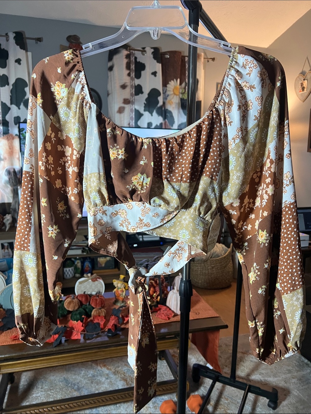 Altar'd State Brown and Cream Floral Patchwork Tie-Front Crop Top